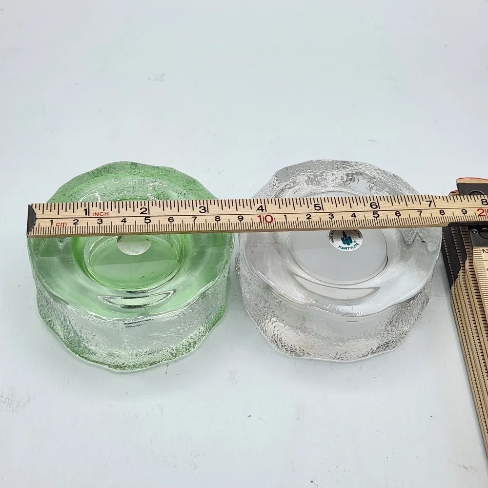 Partylite Iceland Glass Tealight Candle Holder Retired Set of 2 Clear And Green - Picture 6 of 7